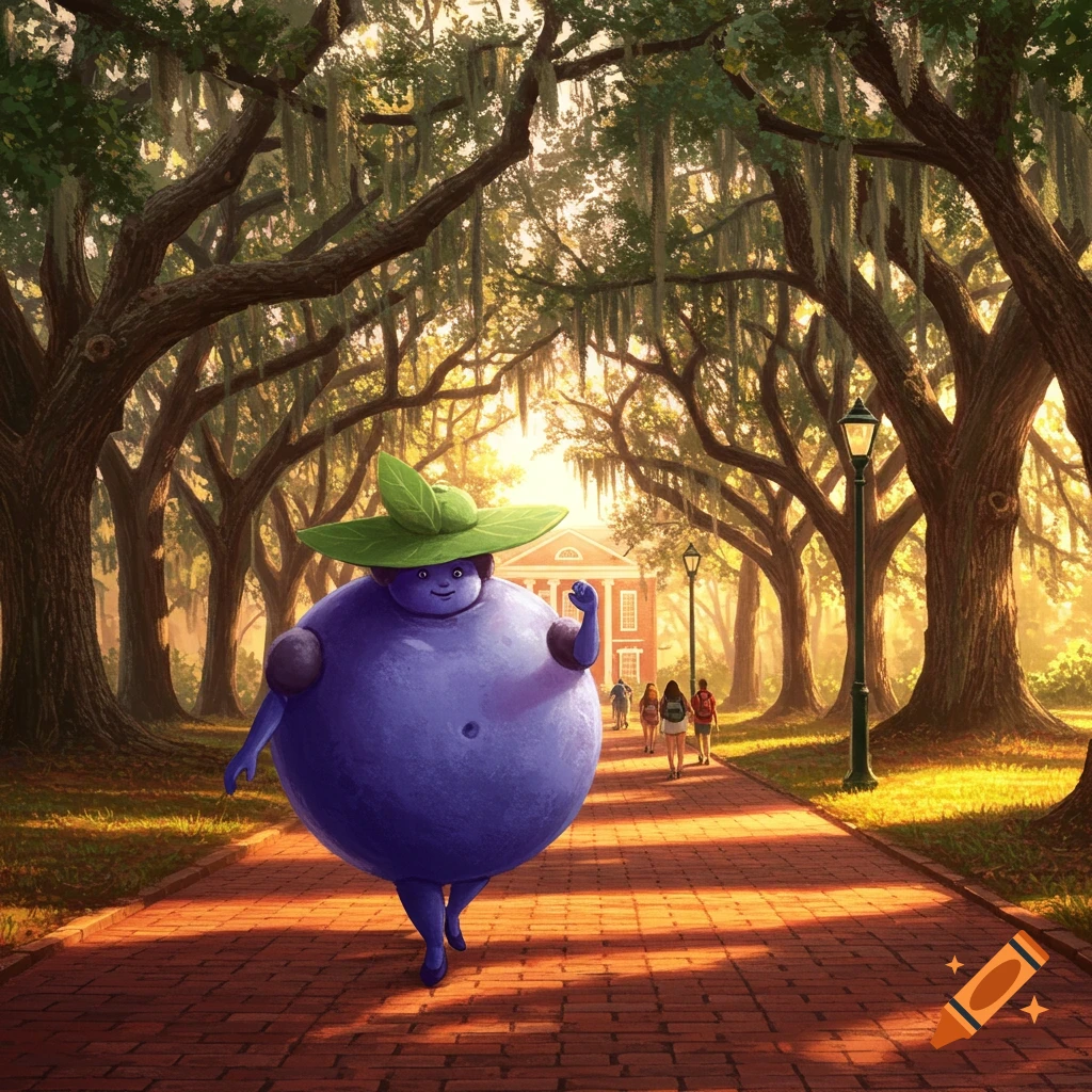 A person in a blueberry costume with a leaf hat walks on a brick path through a sunny, tree-lined university campus.