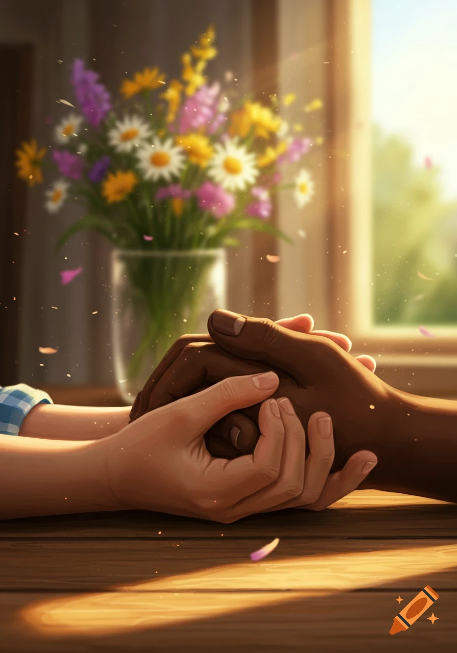 Light and dark-skinned hands clasped on a wooden table, with colorful flowers in a vase by a sunlit window.