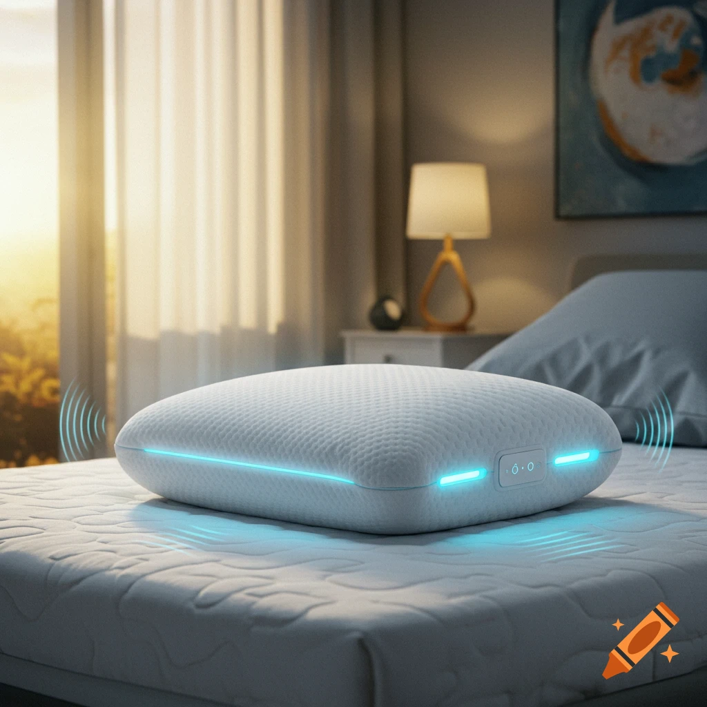 A smart white pillow with glowing blue lights and digital indicators on a bed in a sunlit bedroom.