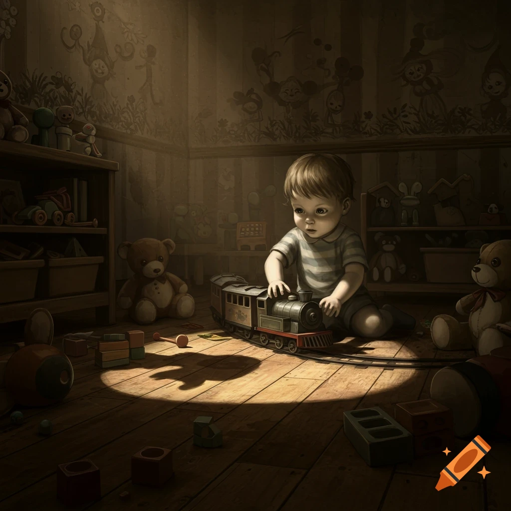 A young child plays with a toy train on a wooden floor in a dimly lit, artistic room filled with toys and creepy wall drawings.