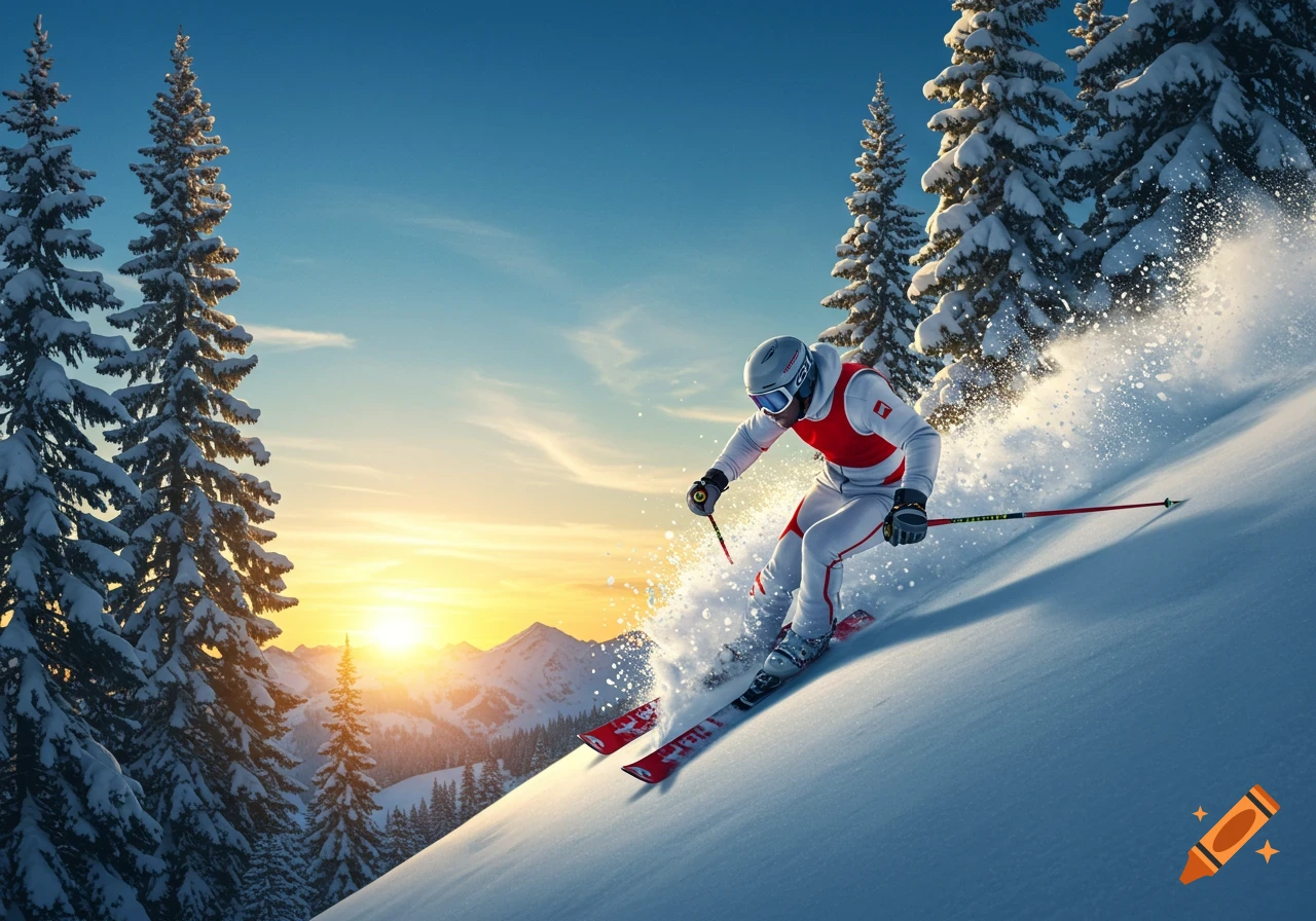 A male skier in a red and white suit carves down a snowy mountain slope at sunset, with pine trees.