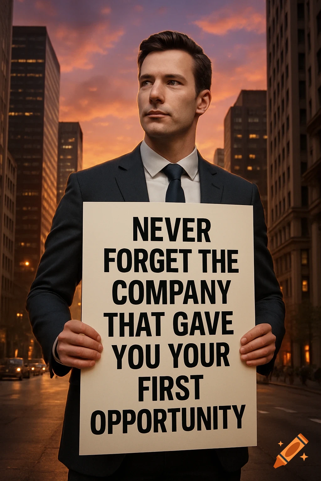 A professional man in a suit holds a poster with text in a city street at sunset.