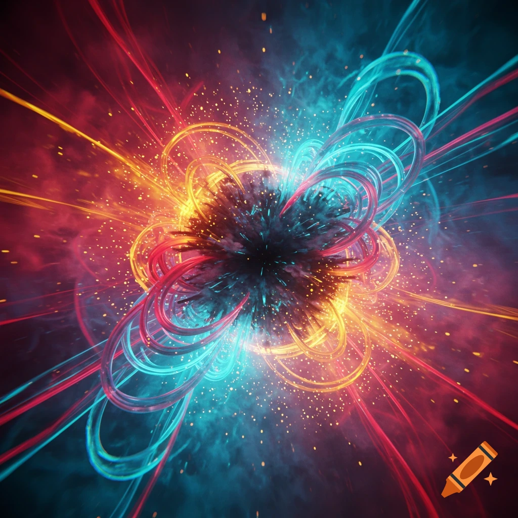 A vibrant abstract explosion of red, orange, and blue light streams with glowing particles emanating from a dark center.