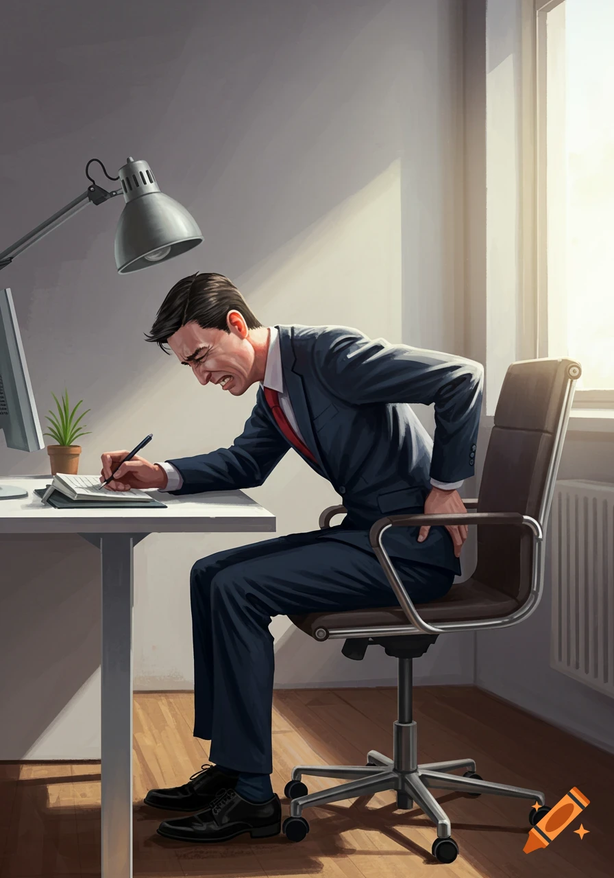 An illustration of a businessman with a pained expression clutching his lower back while sitting at an office desk.
