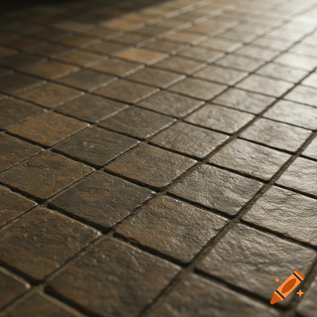 Close-up, angled view of dark brown, textured square floor tiles laid in a grid pattern, with a shallow depth of field.