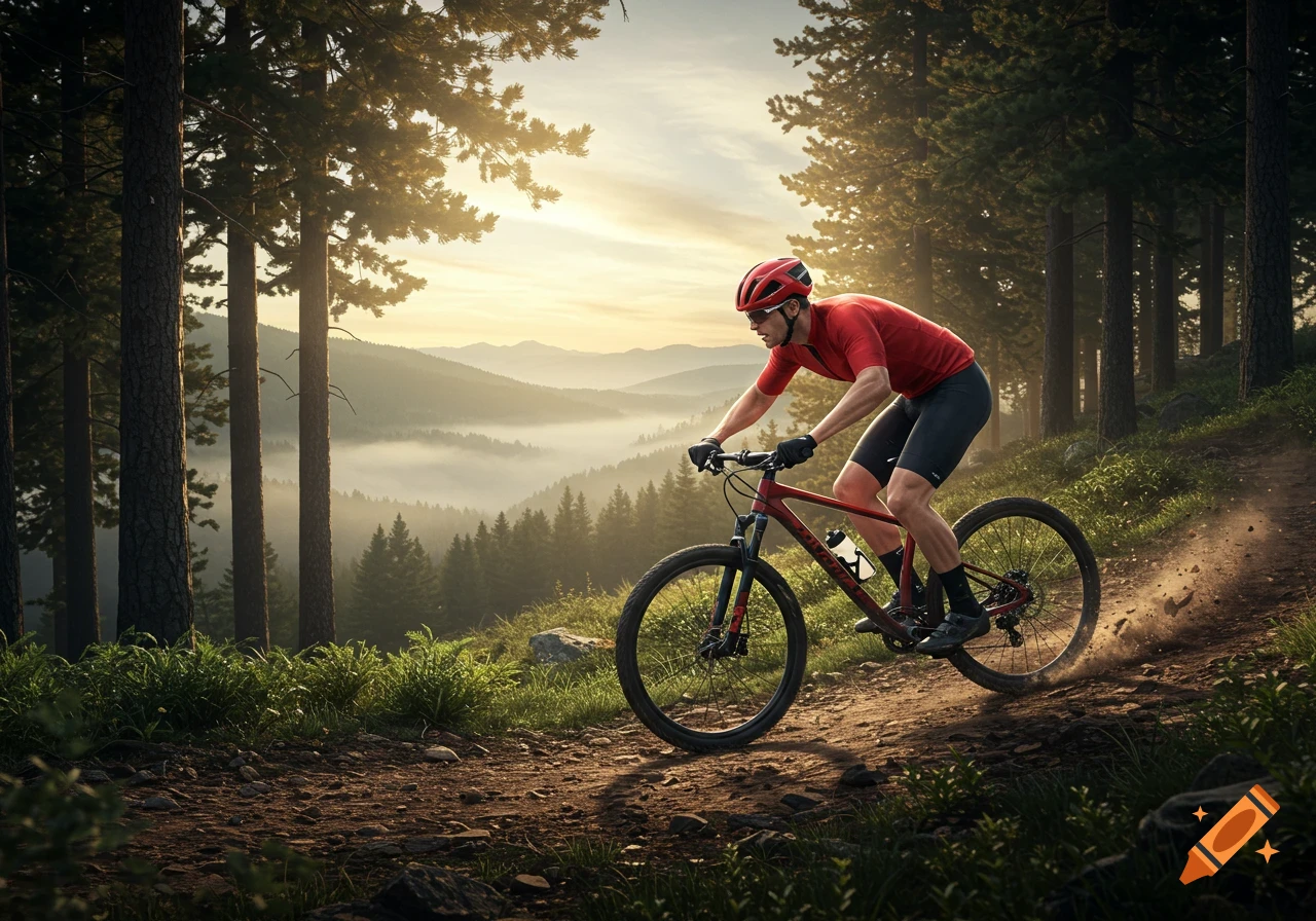 Photorealistic image of a man in red shirt and helmet mountain biking on a dirt trail through a sunlit forest with misty mountains in the background.