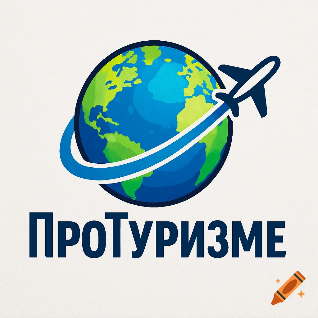 A blue and green globe with a white airplane circling it, above the text '"ПроТуризме" (ProTurizme) on a light background. Logo style.