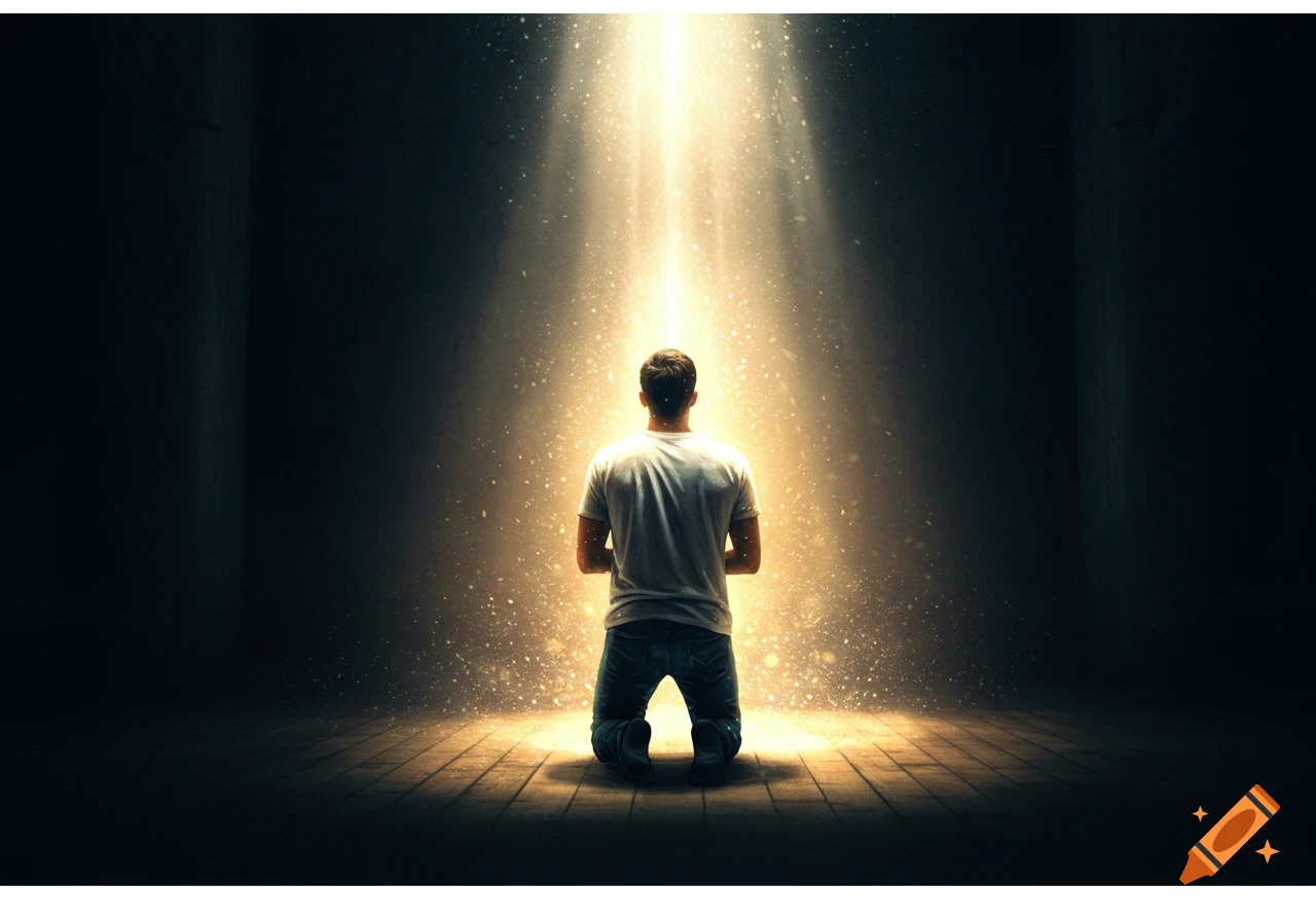 A man kneels facing a brilliant beam of light in a dark room, with shimmering particles around him.