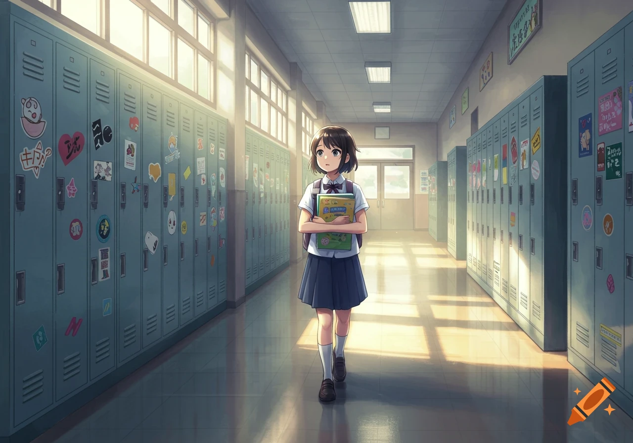 An anime-style schoolgirl walks down a brightly lit school hallway lined with lockers covered in stickers, holding books.