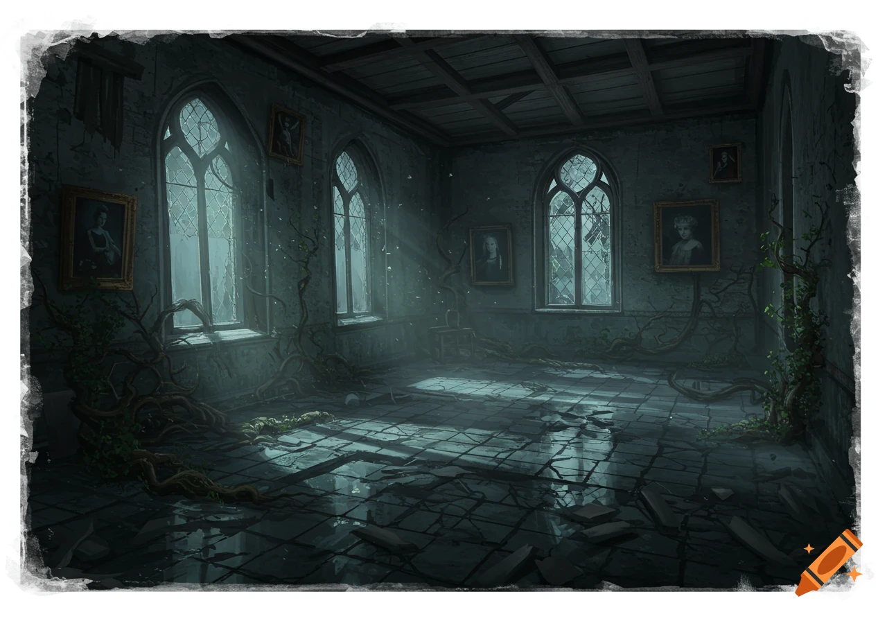 A dimly lit, abandoned gothic room with large arched windows, broken floor tiles, and overgrown vines.