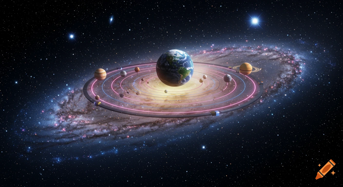 A detailed 3D model of Earth centered in a solar system with neon orbital rings, against a vibrant spiral galaxy in deep space.