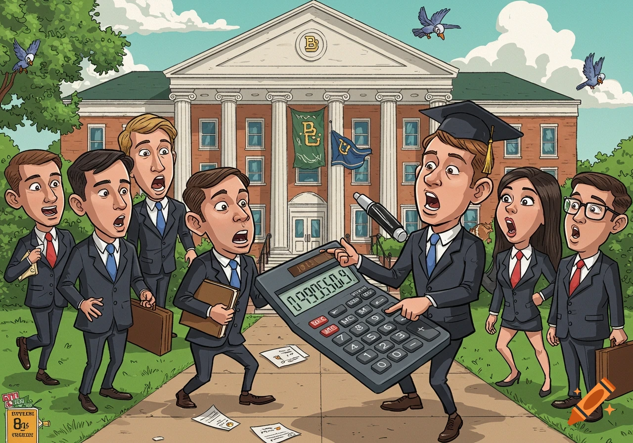 A funny cartoon of shocked business students in suits looking at a giant calculator in front of a university building.