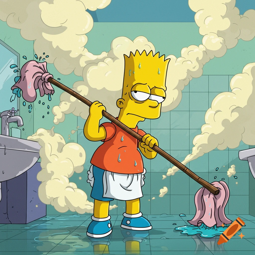 Bart Simpson sweats while mopping a wet bathroom floor with a rag on a stick, surrounded by steam in a cartoon style.