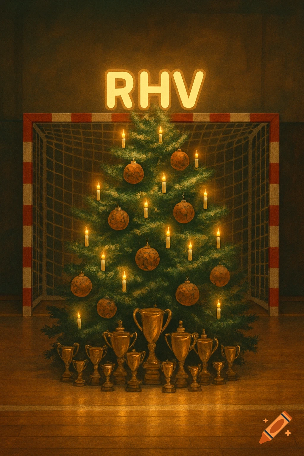 A Christmas tree decorated with handballs and candles stands in front of a handball goal, surrounded by trophies, with 'RHV' lit above.