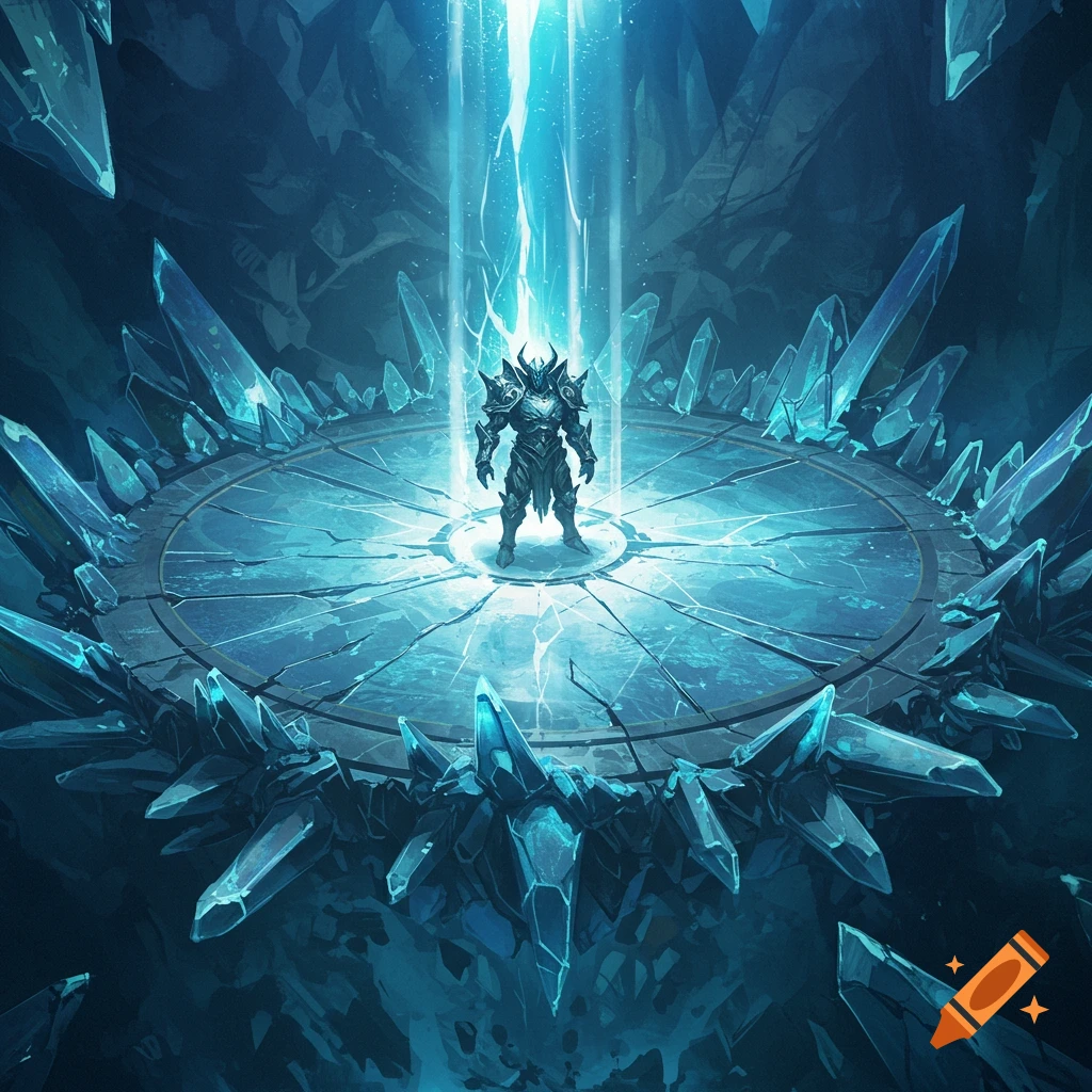 An armored warrior stands under a light beam in a glowing blue crystal boss arena, digital art.