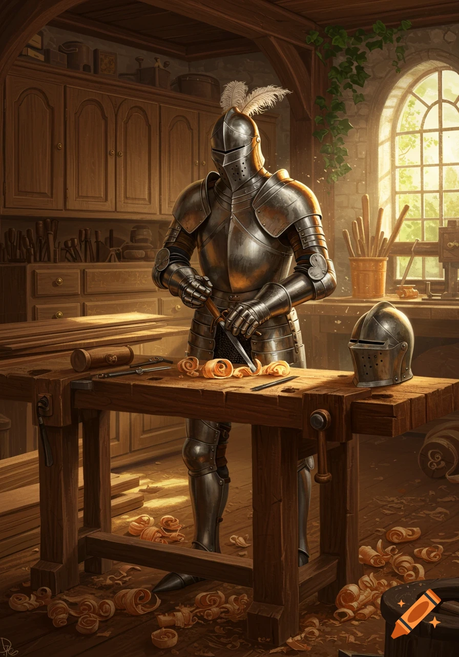 A knight in shining armor chisels wood on a workbench in a sunlit, rustic woodworking shop, surrounded by tools and wood shavings.