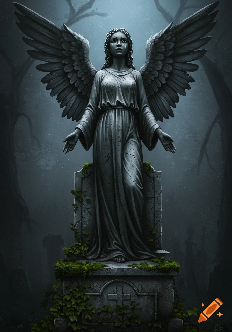 A solemn, aged stone angel statue with large wings and an African woman's face stands on a moss-covered pedestal in a dark, misty cemetery, tears streaming down her cheeks.