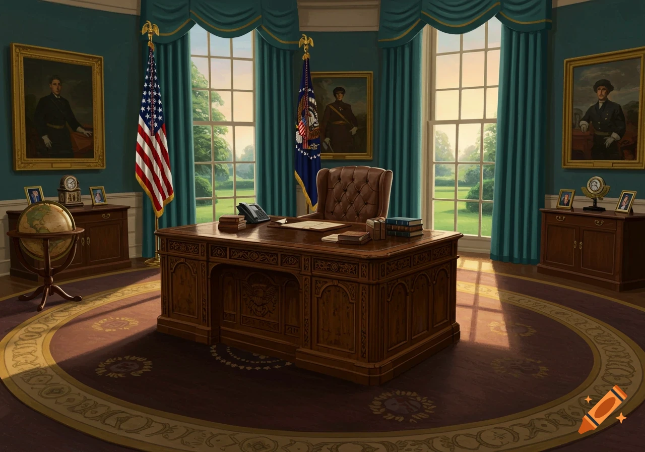 An empty Oval Office with a large wooden desk, a brown leather chair, US flags, portraits, and windows overlooking a green lawn.