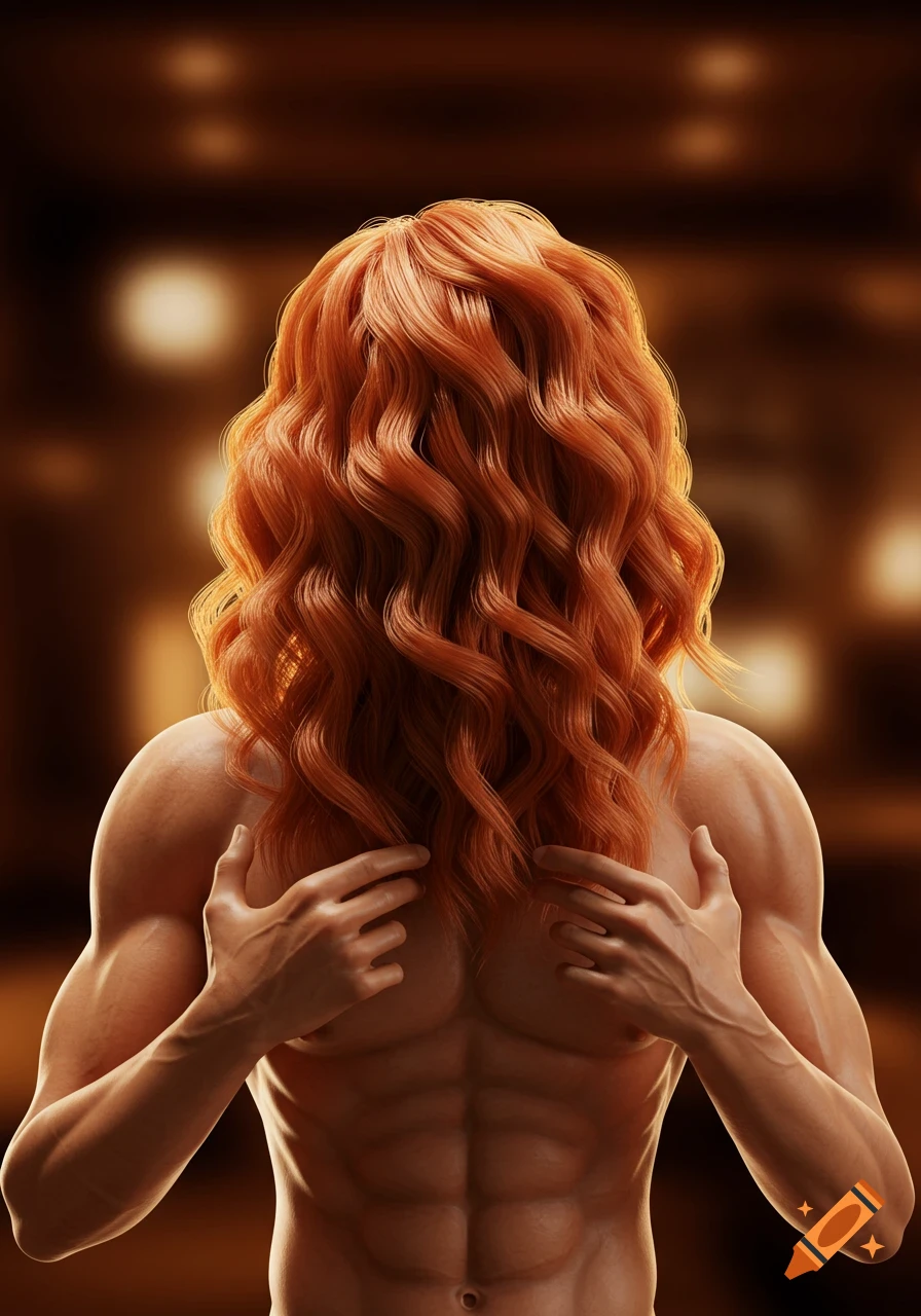 Rear view of a muscular person with long, wavy reddish-orange hair, showing detailed back and arm muscles.