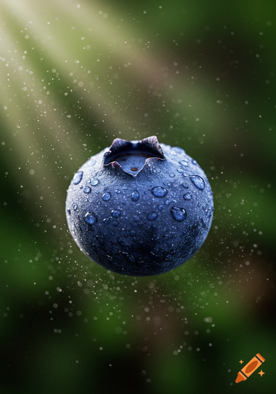 Photorealistic close-up of a dark blue blueberry covered in water droplets, against a soft green background with light rays and bokeh.