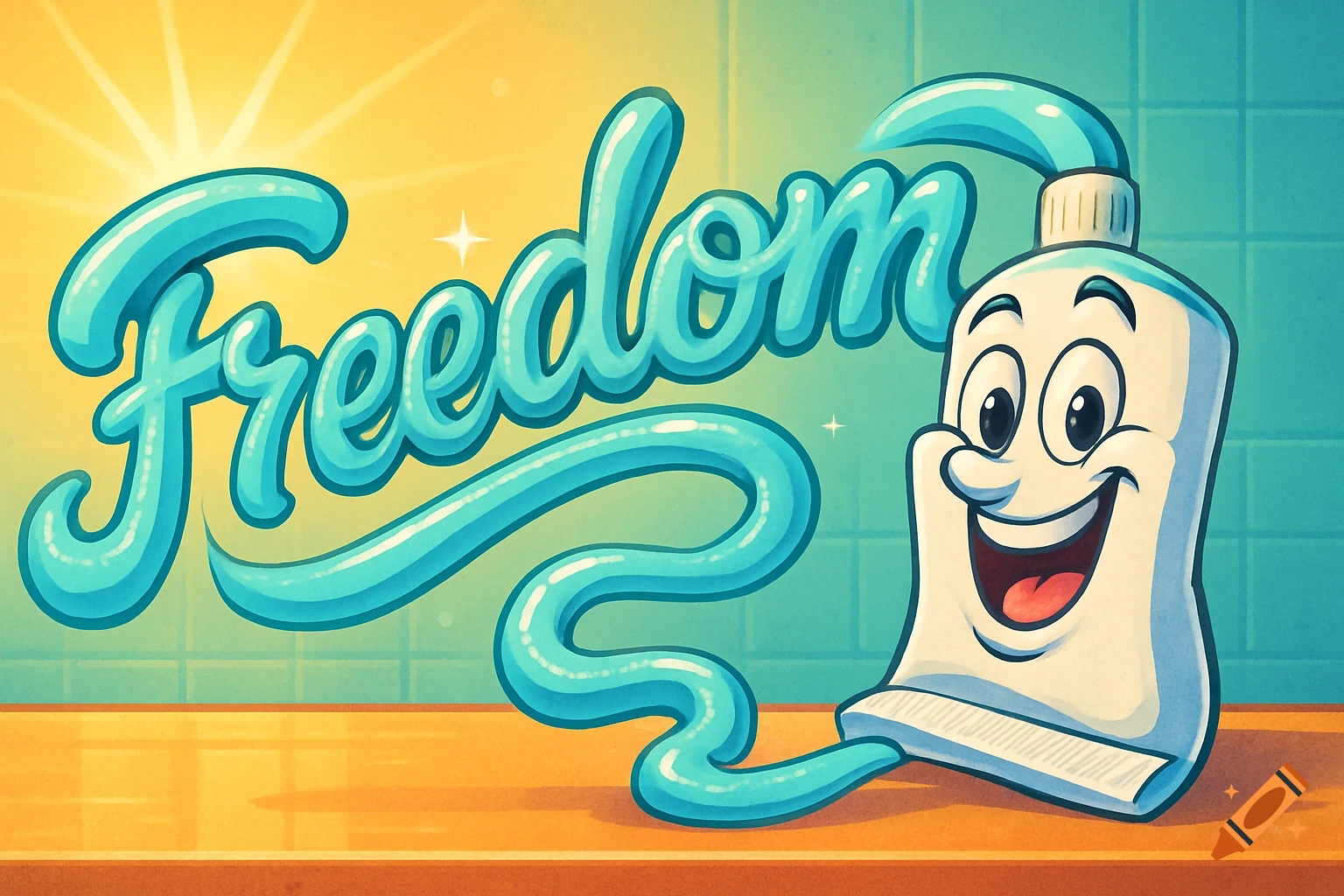 A happy cartoon toothpaste tube squeezes out paste to spell "Freedom" in turquoise, against a bright yellow and teal tiled background.