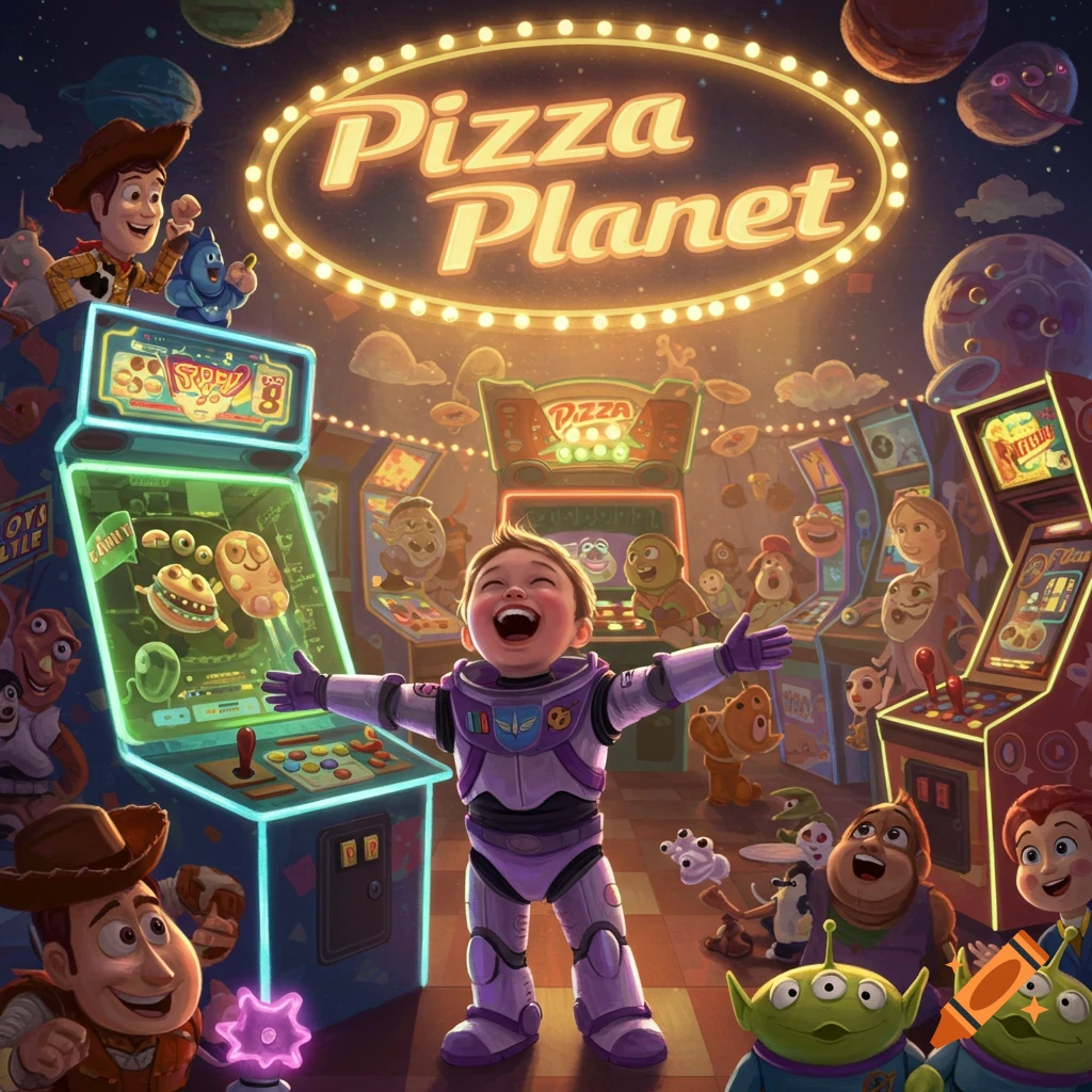 A happy child dressed as Buzz Lightyear, with arms outstretched, stands in the vibrant Pizza Planet arcade, surrounded by smiling Toy Story characters and arcade machines.