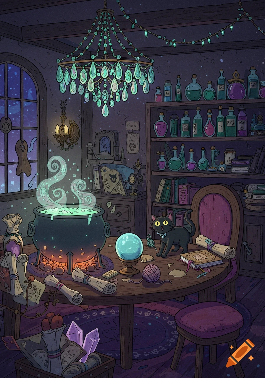 A whimsical 2D illustration of a witch's lair at night, with a bubbling cauldron, a black cat, potion bottles on shelves, and a starry window.