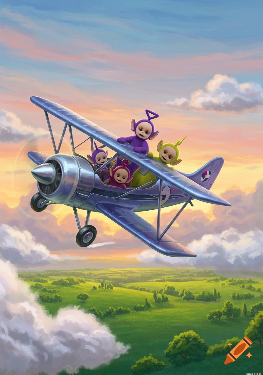 The Teletubbies fly a biplane over a green, tree-filled landscape under a vibrant sunset sky.