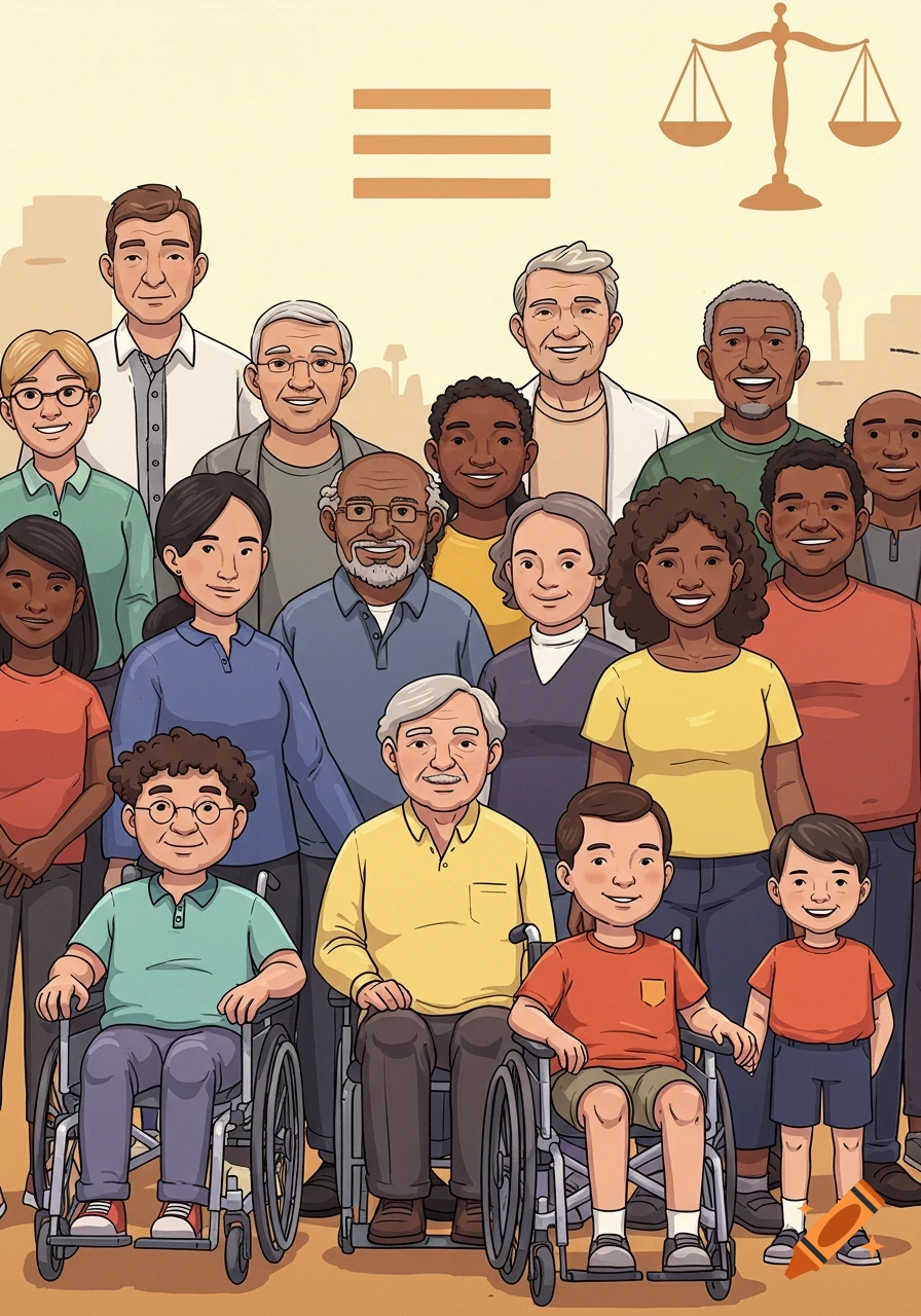 Animated illustration of a diverse group of smiling people of all ages and abilities, including wheelchair users, standing together. Equal sign and scales in background.