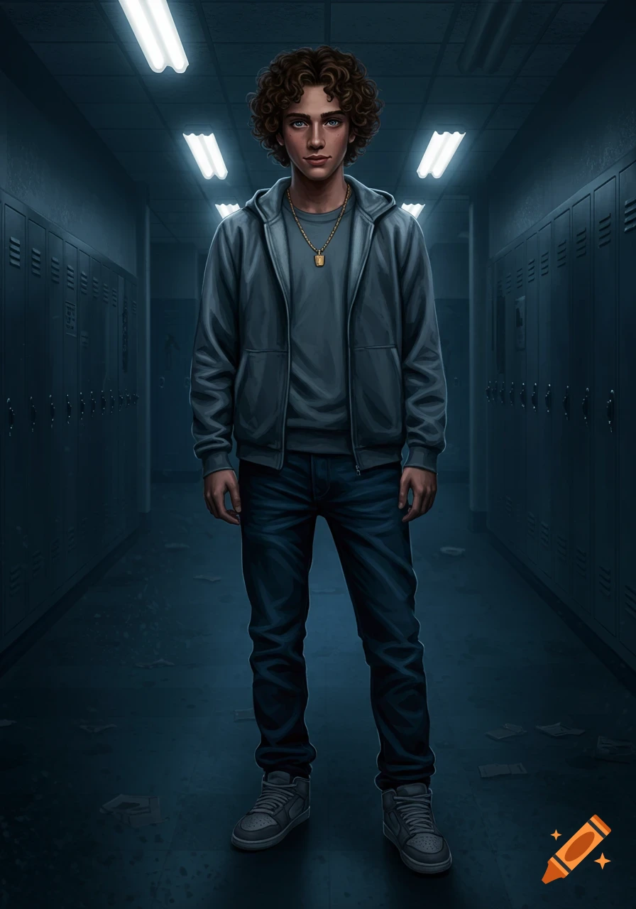 Digital illustration of a curly-haired young man in a grey hoodie and jeans standing in a dark school hallway.