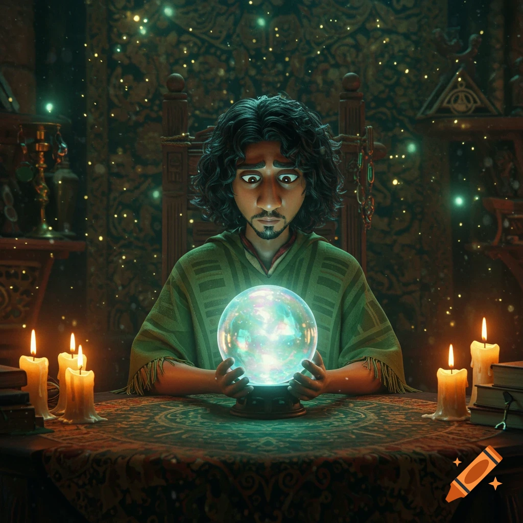 Animated Bruno Madrigal in a green poncho stares intently at a glowing crystal ball in a mystical room with candles.