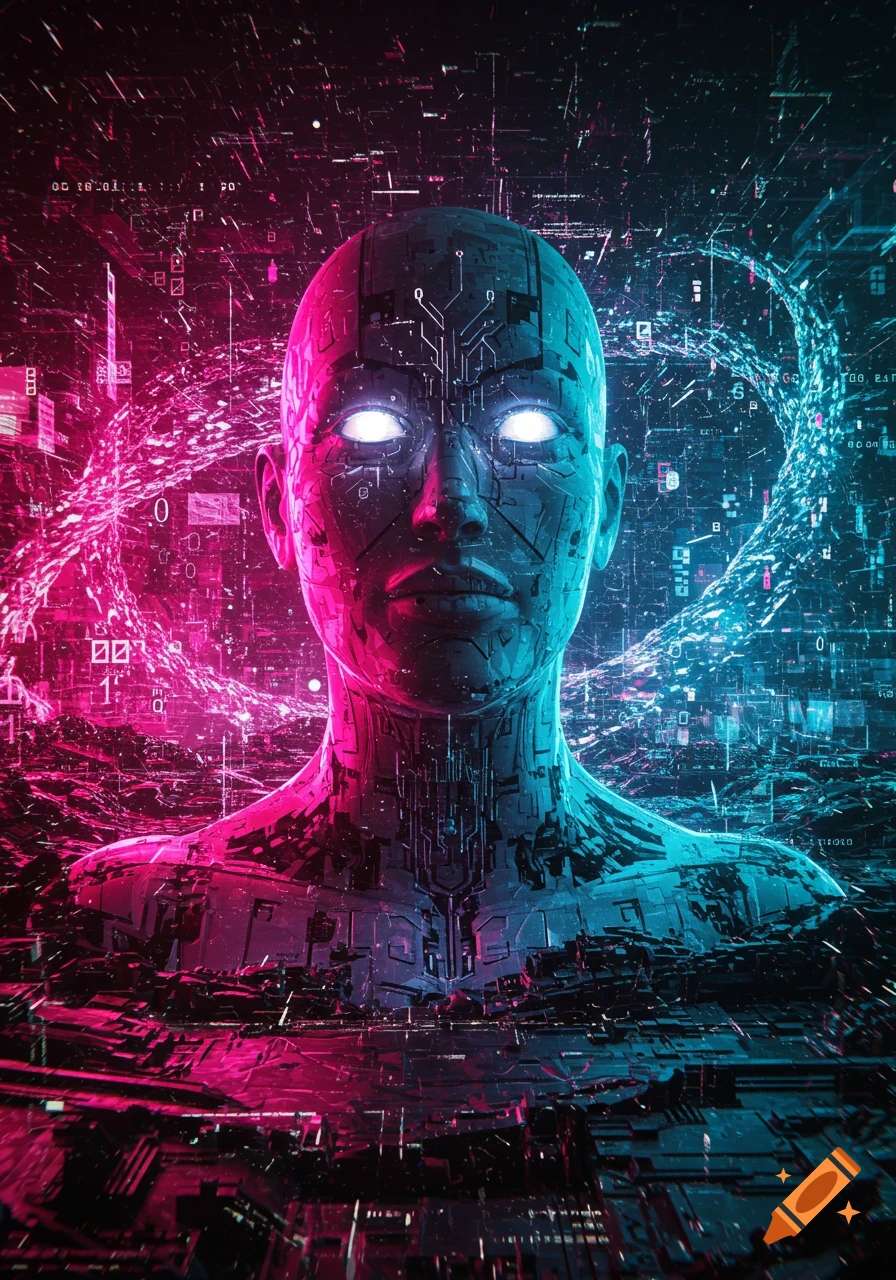 A humanoid AI bust with glowing white eyes and circuit board textures, surrounded by neon pink and blue digital data streams.