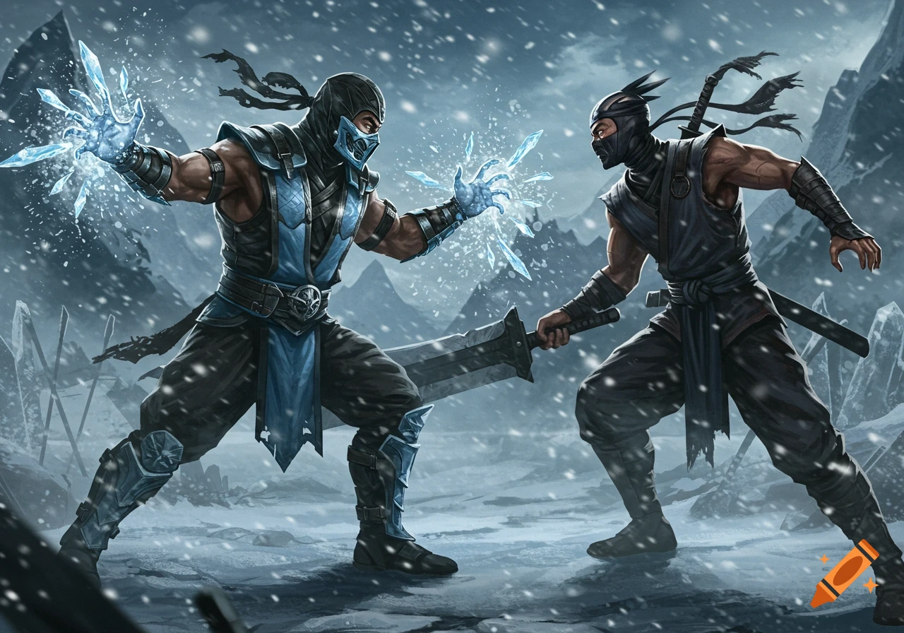 Two ninja warriors, one casting ice magic and the other with a sword, face off in a snowy, mountainous landscape. Digital fantasy art.