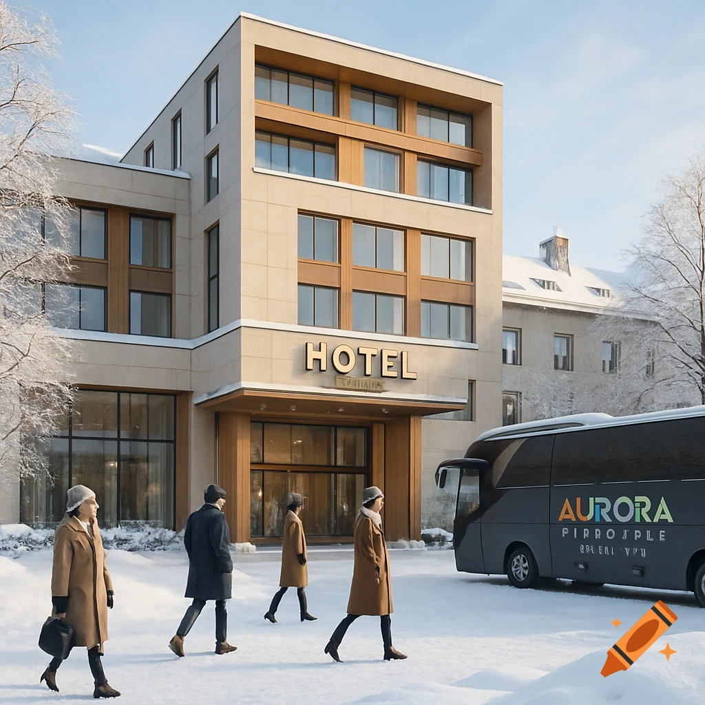 A modern hotel with Scandinavian architecture stands in a snowy winter landscape. People walk past a sleek tour bus parked outside the entrance.