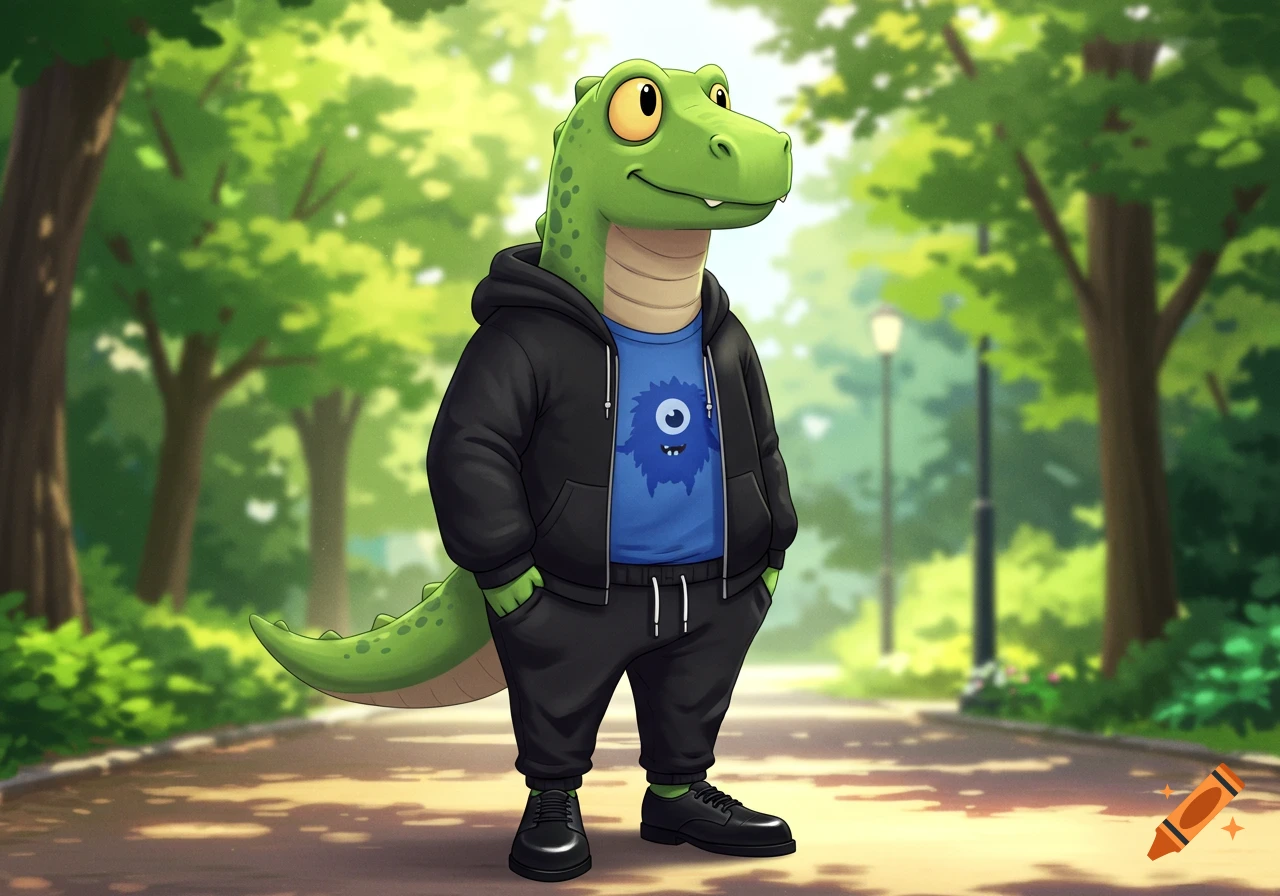 A friendly green cartoon dinosaur in a black hoodie, blue monster t-shirt, and black sweatpants stands on a park path.