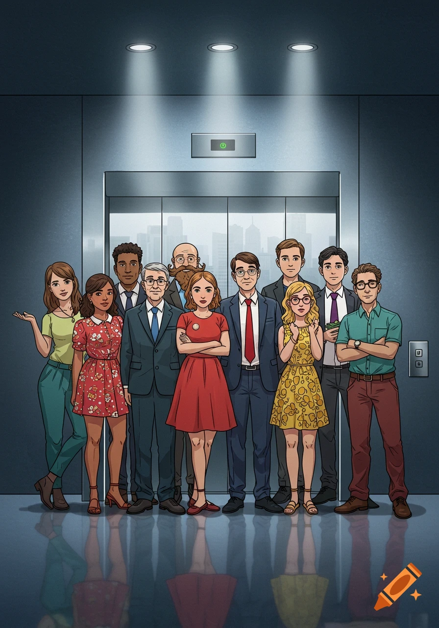 A diverse group of ten people, some in business attire, waiting inside an elevator in a cartoon illustration style.