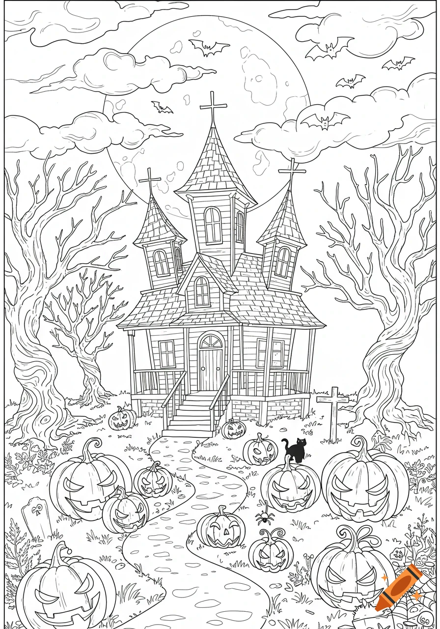 A detailed line art coloring page of a haunted house with three turrets and a porch, surrounded by spooky bare trees, numerous jack-o'-lanterns, a black cat, and bats flying under a large full moon.
