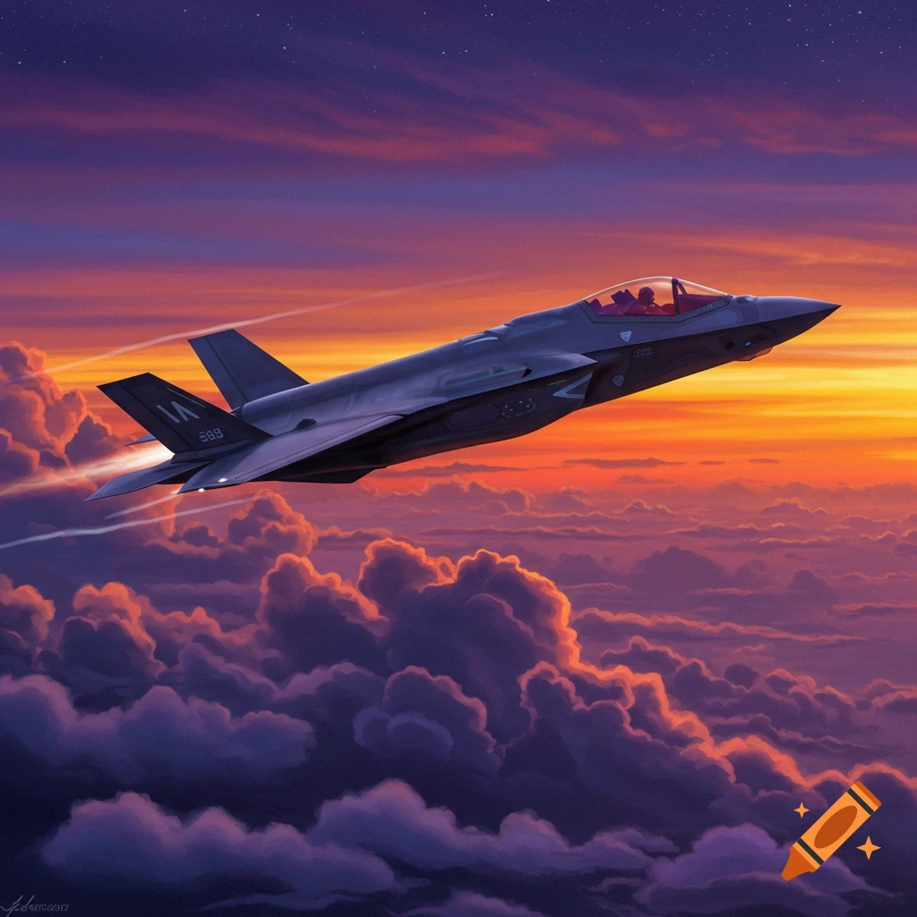An F-35 fighter jet flies through a vibrant sunset sky above clouds, leaving contrails.