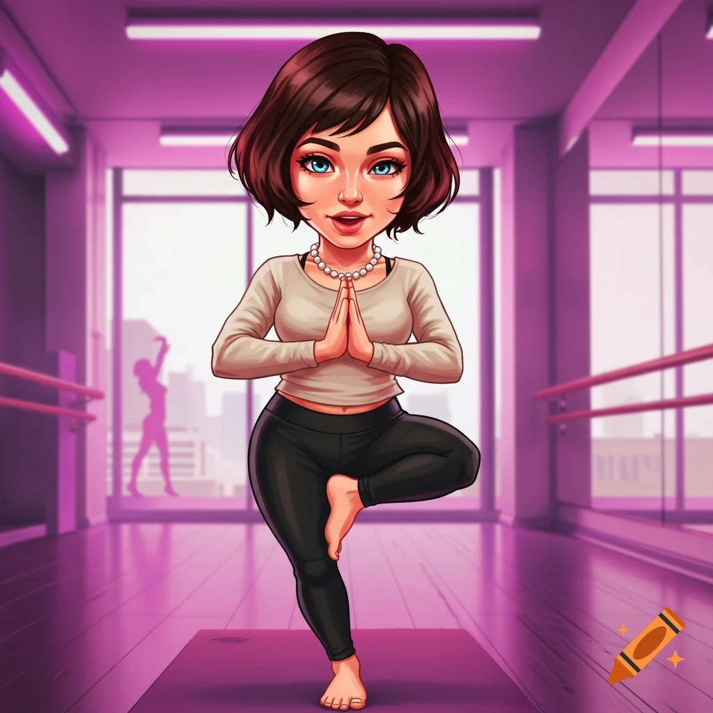 A digital illustration of a petite woman with a brown bob, blue eyes, and a pearl necklace, performing a yoga pose in a studio.