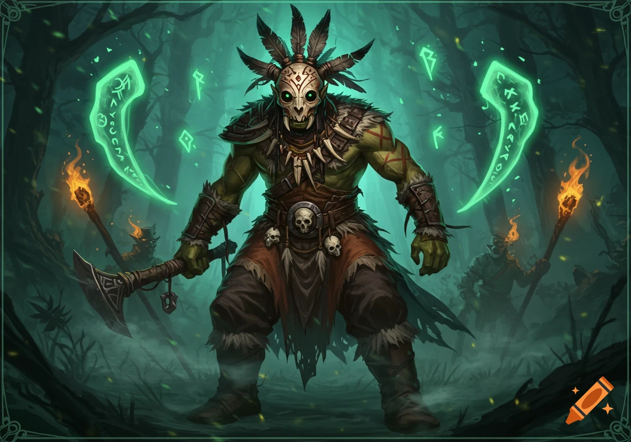 A green-skinned D&D orc shaman warrior wearing a skull mask and feathers, holding an axe, surrounded by glowing green runes in a dark forest.