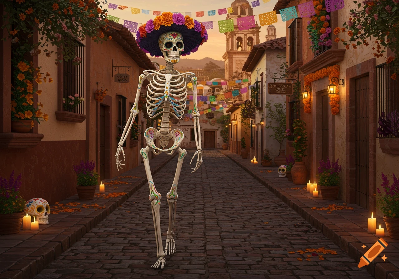 A decorated skeleton with a floral hat walks down a cobblestone colonial street adorned with Day of the Dead decorations at dusk.