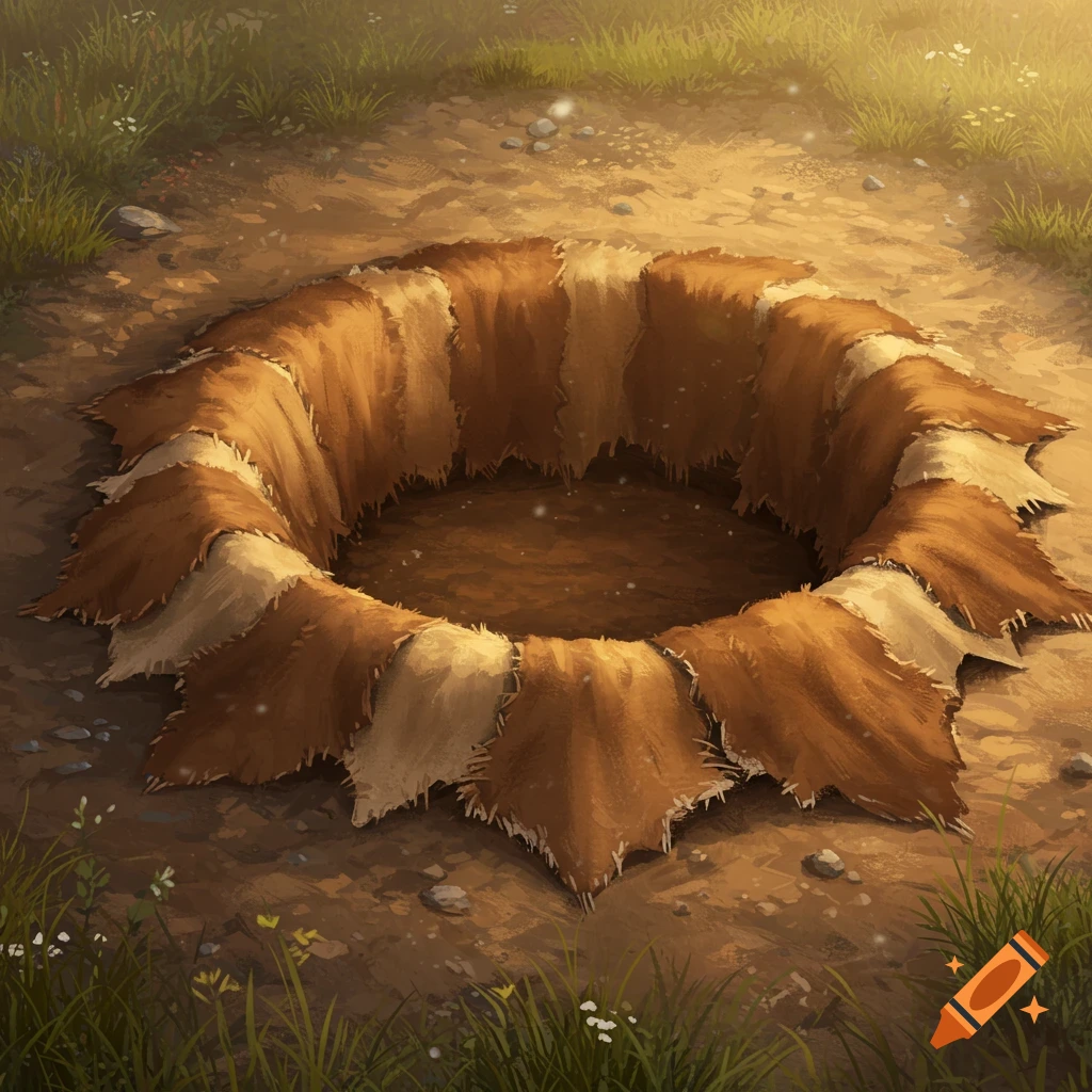 A hole in the ground lined with animal hides, surrounded by dirt and grass, under soft light.