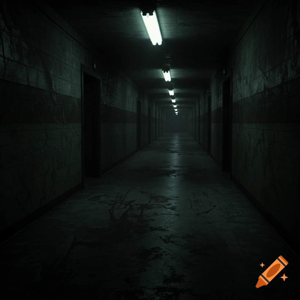 A long, dark, eerie corridor with flickering fluorescent lights and stained floors, in a cinematic horror style.