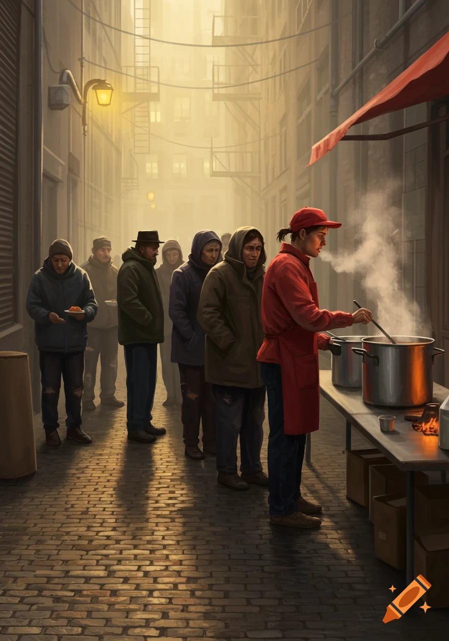 A person in a red hat serves soup from a large pot to a line of people dressed in warm clothes in a misty urban alleyway.