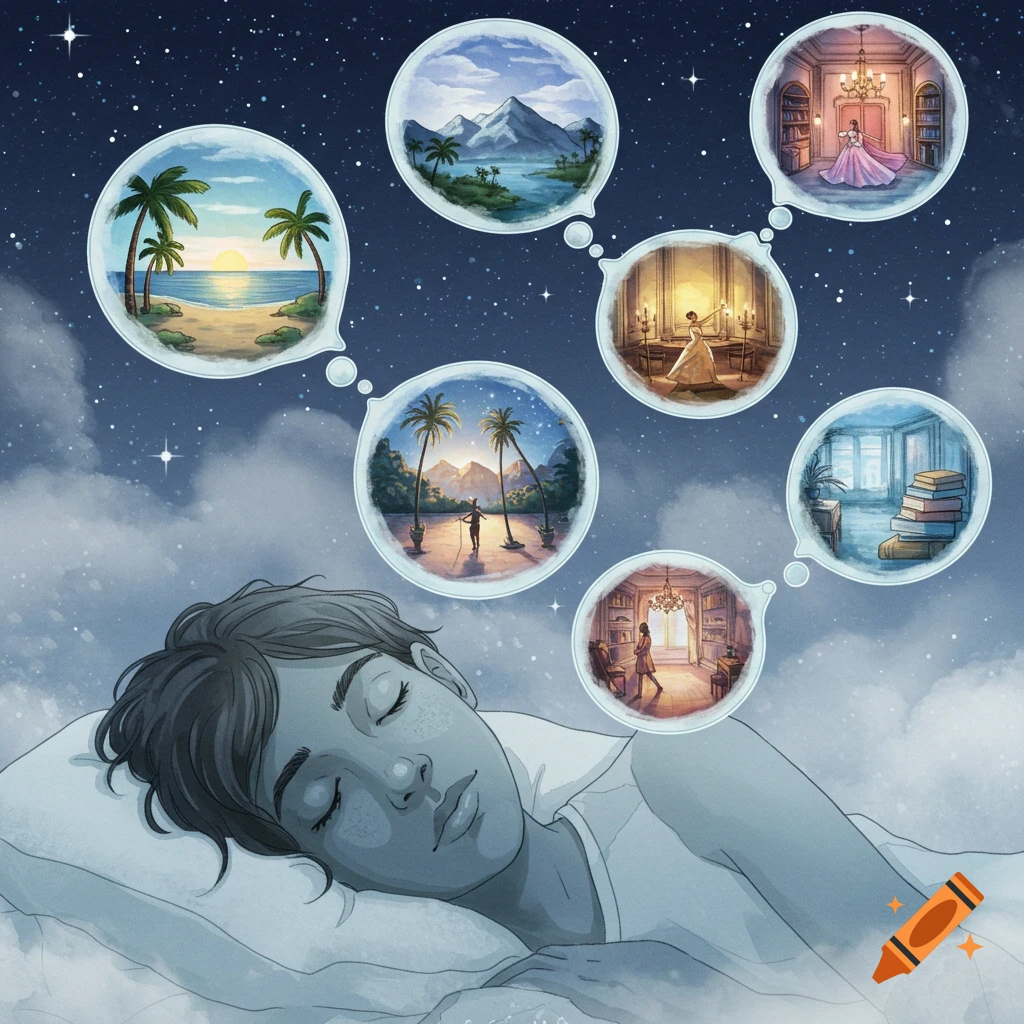 Illustration of a person sleeping under a starry sky, dreaming of tropical beaches, mountains, and opulent rooms.