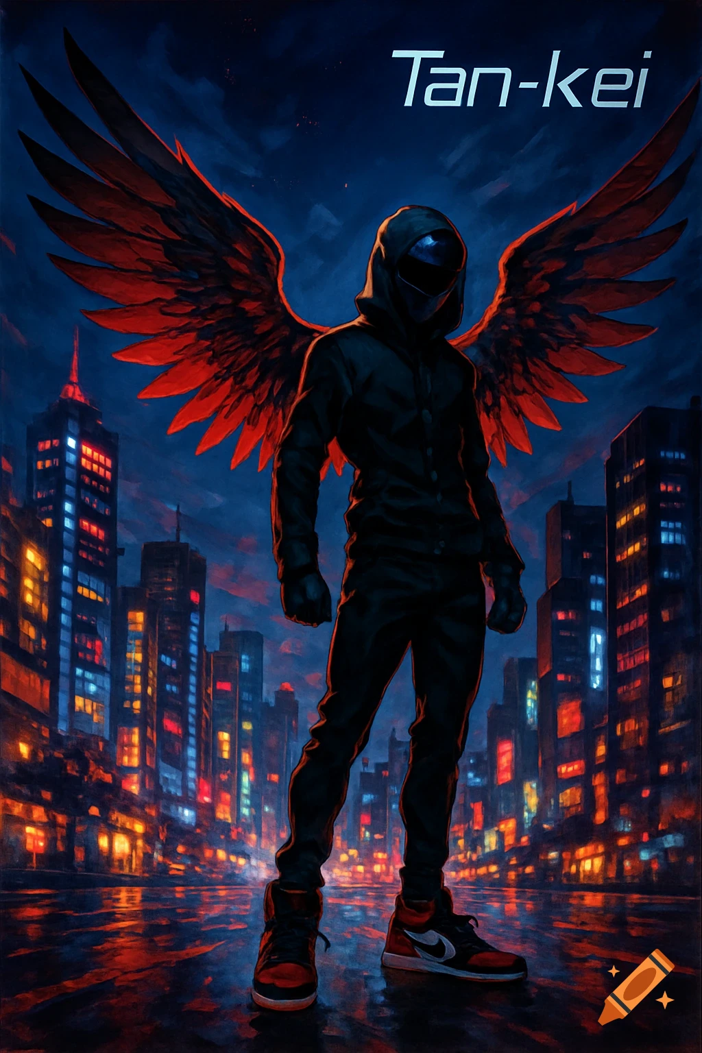 Anime illustration of a masked figure in a black hooded suit and large red wings standing on a wet city street at night, with illuminated buildings in the background.