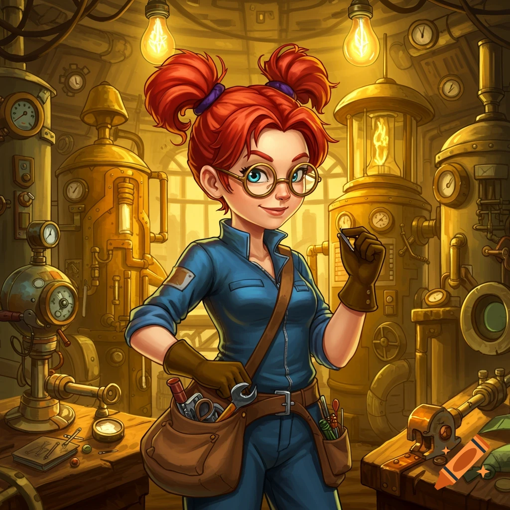 A cartoon young female inventor with red pigtails and glasses in a blue jumpsuit stands confidently in a golden steampunk workshop, holding a small metal piece.