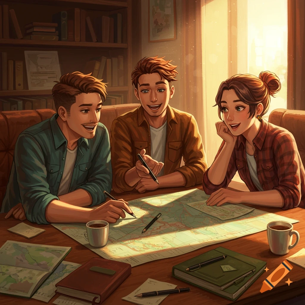 Three young friends gathered around a map on a wooden table, talking and planning in a warm, illustrated scene.