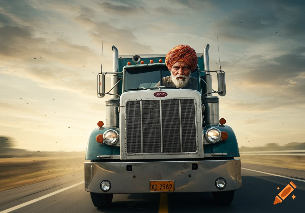 Photorealistic image of an angry Indian semi-truck driver with a turban and beard, driving a Peterbilt truck towards the camera.