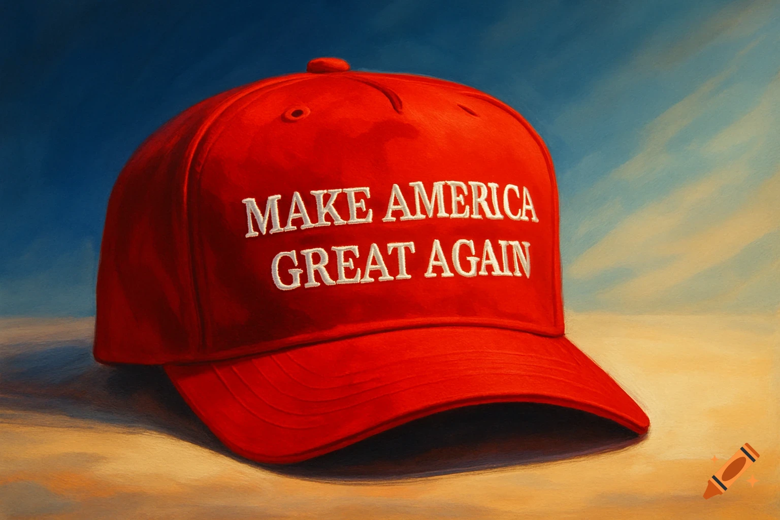 A red 'MAKE AMERICA GREAT AGAIN' baseball cap rendered in a painterly style, set against a textured blue and tan background.